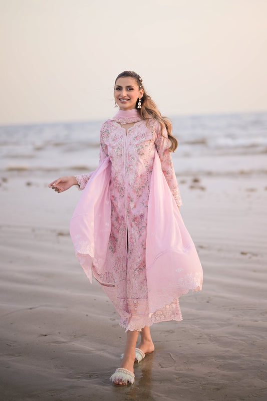 PASTEL FLORAL PINK LUXURY LAWN EMBROIDERED SET - NEL-24608 Zaib