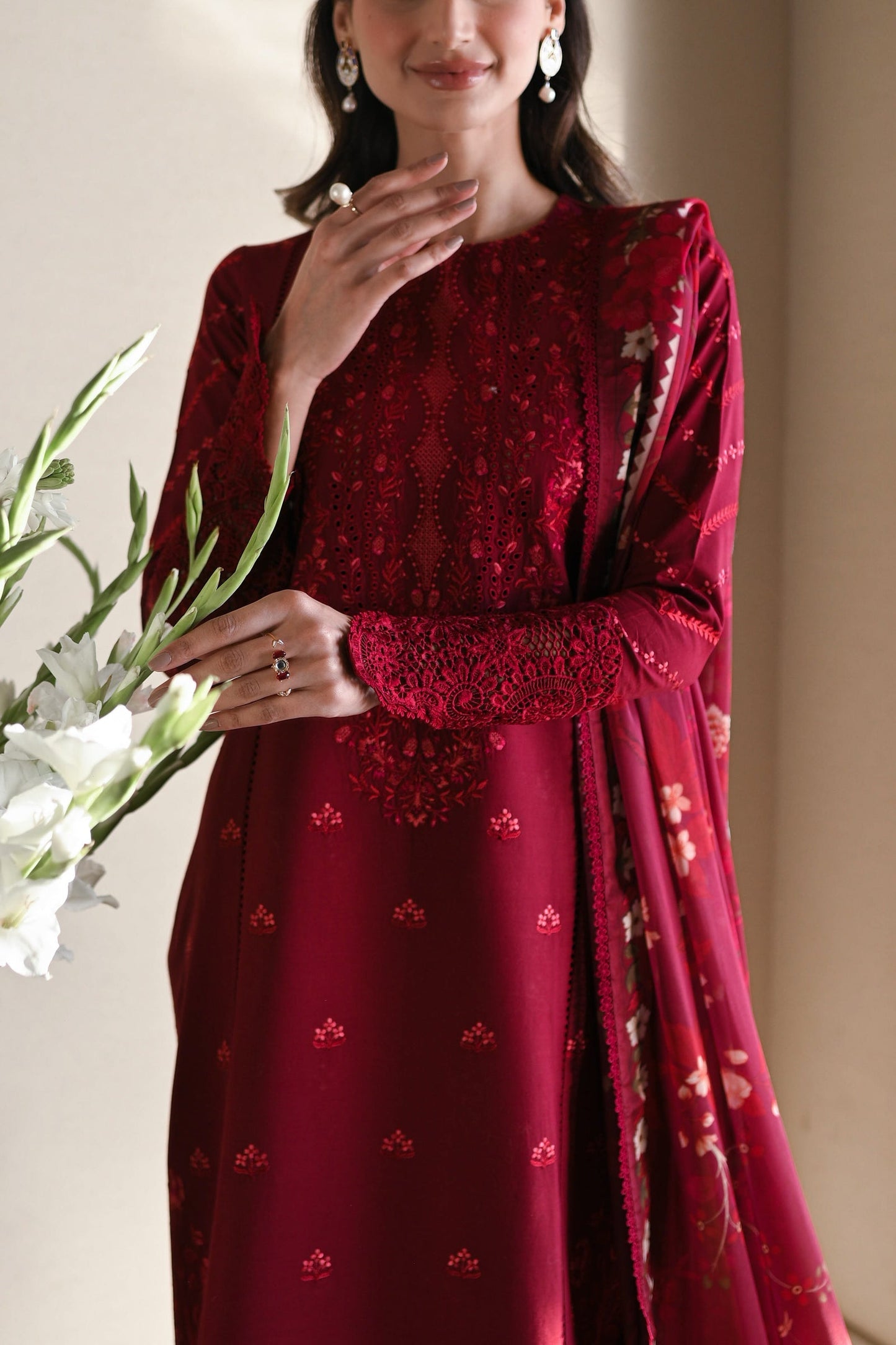 ZAHRA 3: MAROON LUXURY EMBROIDERED LAWN SET 2025 (NEL-25606)